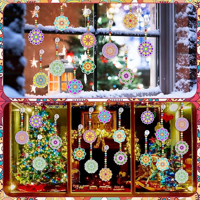 WinnerWhy 30 Sets Spring Mandala Suncatchers Crafts for Adults, Easter Holi DIY Stained Glass Art Kits Paint Your Own Window Ornaments for Mother's Day Party Birthday Activity Home Decor