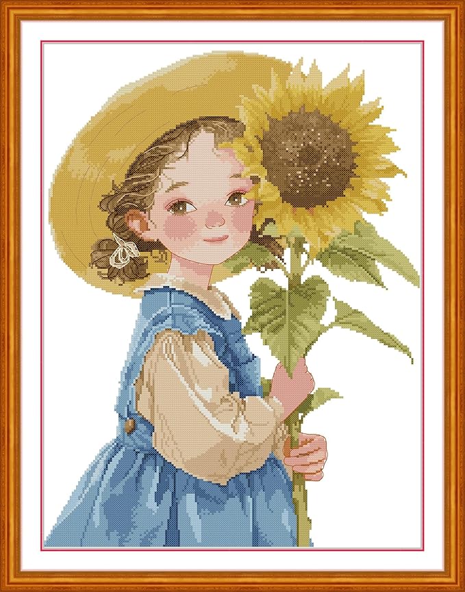 CrossNest 16CT Stamped Cross Stitch Kit for Beginners, HD Printed Complete DIY Embroidery Set with Pattern & Tools, Premium Aida Cloth & Threads (Girl with Sunflowers)