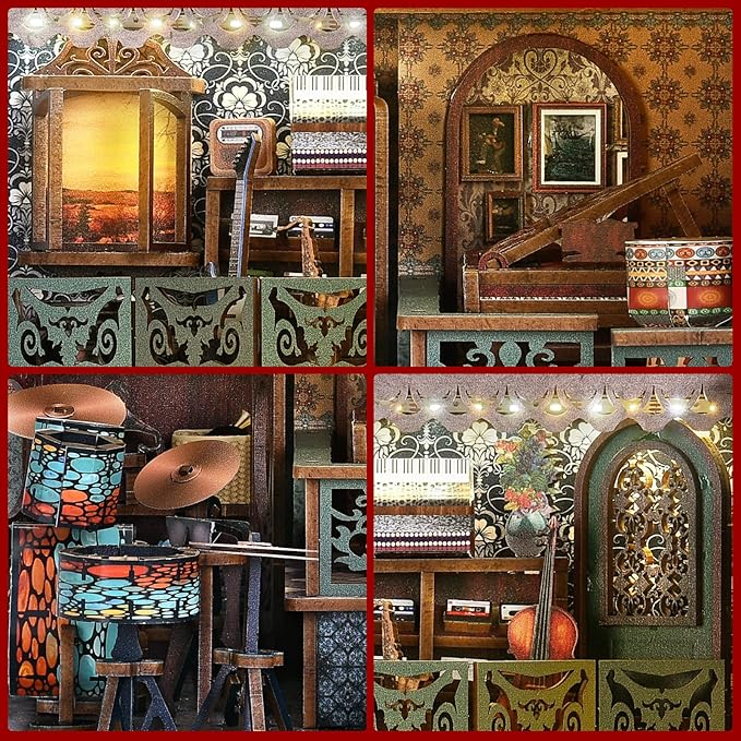 Foyucool DIY Book Nook Kit, Miniature Bookshelf Decor with LED Lights, Laser-Cut Wooden Craft Set for Adults, Creative Gift for Christmas, Birthday, Music House