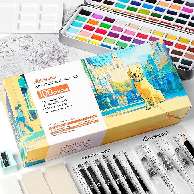 Watercolor Paint Set, 100 Colors, Travel Water Colors kit with 9 Brushes, 3 Swatch Cards, Palette set Including Metallic and Accessories Art Supplies Gifts for Beginners, Artists, Adults and Hobbyists