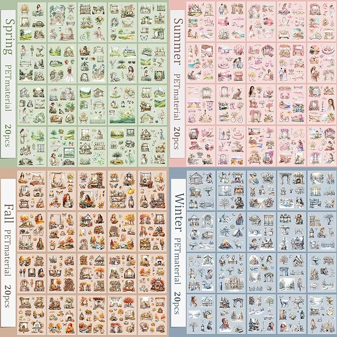 Snycler 4 Books 80 Sheets PET Stickers - Vintage Journaling, Scrapbooking Supplies, DIY Craft Stickers for Junk Journals, Ephemera Sticker Book, Seasonal Themes, Pre-Cut Designs