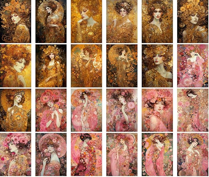 Large Stickers (24 pcs 2.5"x3.5" Each) Peaceful Art Nouveau Portraits of Beautiful Flowery Women in Flowing Dresses Vintage Postcards Retro Greeting Card Book Illustration Reprint
