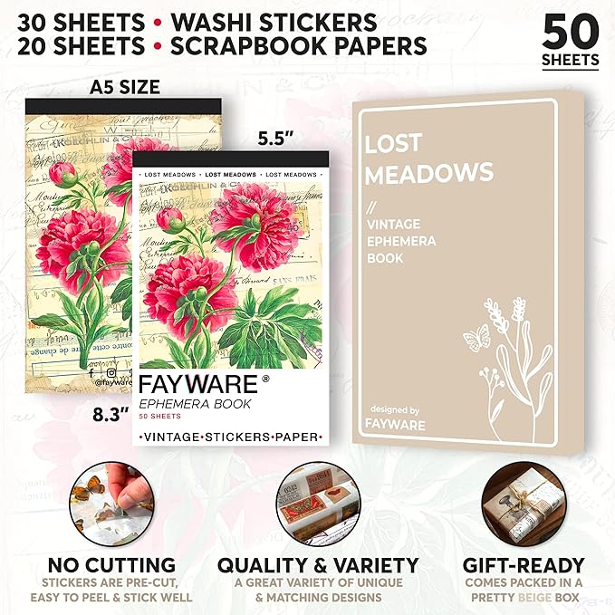 FAYWARE Vintage Washi Stickers for Journaling - Ephemera Book for Journaling with 414 Stickers & 20 Scrapbook Papers. Junk Journal Supplies, Scrapbooking Supplies