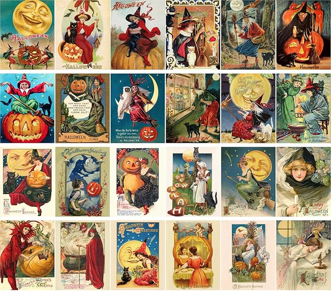 Large Stickers (24 pcs 2.5"x3.5") Halloween Pinup Witch Vintage Greeting Cards Reprint