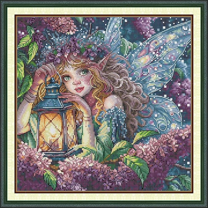 CrossNest 16CT Stamped Cross Stitch Kit for Beginners, HD Printed Complete DIY Embroidery Set with Pattern & Tools, Premium Aida Cloth & Threads (Lilac Spirit)