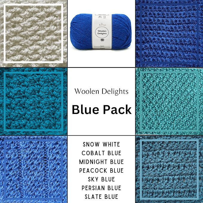 Woolen Delights Soft Wool Yarn for Crocheting, 7-Pack (1218Yds / 700G), Free Patterns - #4 Medium Aran/Heavy Worsted Weight Wool Yarn for Knitting - Blue Pack
