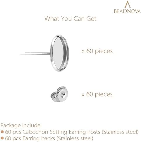 BEADNOVA Cabochon Setting Post 60pcs Blank Earring Studs 6mm Stainless Steel Cabochon Setting Ear Stud with Stainless Steel Earring Backs for Resin DIY Earstuds Making (6mm, 60pcs) - Image 3