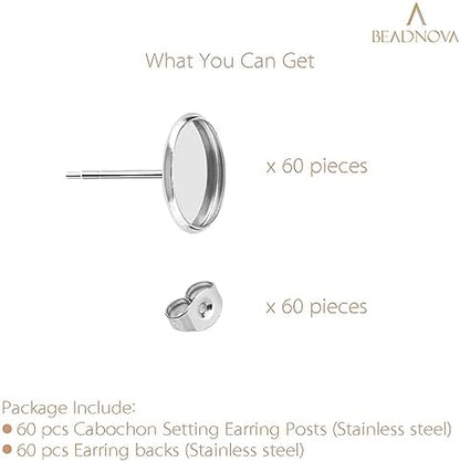 BEADNOVA Cabochon Setting Post 60pcs Blank Earring Studs 10mm Stainless Steel Cabochon Setting Ear Stud with Stainless Steel Backs for Resin DIY Earring Making (10mm, 60pcs) - Image 3