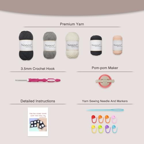 Noocro Complete Crochet Kit for Pom-Pom Granny Square Scarf Hood, DIY Yarn Kit, Detailed Instructions, Step by Step Video Tutorial, Beginner-Friendly, Intermediate Crocheter Craft Set (Pinky Ash) - Image 3