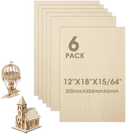 6 Pack Basswood Sheets 12"×18"×15/64" Unfinished Plywood Sheet by Unknown