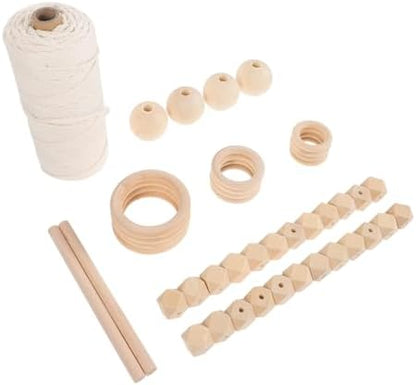 Happyyami DIY Macrame Kit Cotton Cord Wood Beads Round Rings Creative Craft Supplies for Adults Beginners Handmade Tapestry Material for Wall Hanging Projects by Happyyami