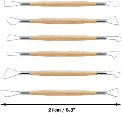 Suiwotin 6pcs Double-Sided Clay Sculpting Tools, Wooden Handle Ribbon Clay Tools, Pottery Trimming Tool, Clay Wire Loop Sculpture Set for Ceramic, Wax Carving Modeling (Pack of 2) - Image 4