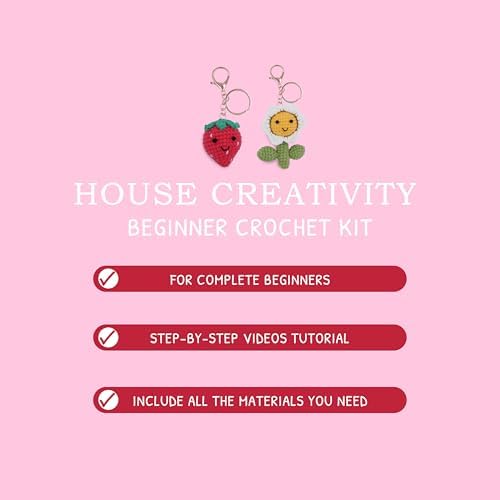 HOUSE CREATIVITY Crochet Keychain Kit for Beginners, Make 2 Strawberry & Sunflower Charms, Crochet Kits with Video Tutorial, Complete Set with Yarn, Hook & Keyring, Cozy Stress Relief Gift for Adults - Image 4