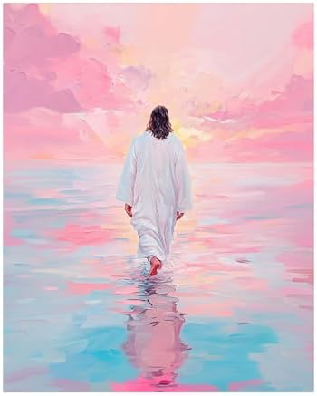 bitCNY Paint by Numbers for Adults, Jesus Walking on Water DIY Acrylic Painting Kit, Pink Ocean Sunset Paint by Number Canvas Art, Christian Religious Wall Decor, 16x20 Inch by bitCNY