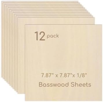 12 Pack Plywood Sheets, 7.87" x 7.87"x 1/8" Basswood Sheets by Hosifiy
