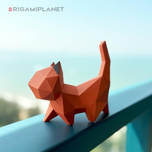 ORIGAMIPLANET 3D Origami Paper Craft Kit, Walk Kitten Cute DIY Pre-Cut Animal Papercraft Model for Beginners, Fun Handmade Home Decoration Gift for Adults & Teens-Orange - Image 3