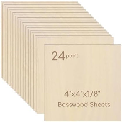 24 Pack Plywood Sheets, 4" x 4"x 1/8" Basswood Sheets by Hosifiy