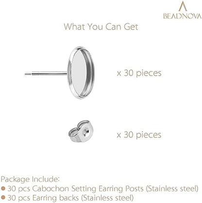 BEADNOVA Stud Earring Kit 30pcs Blank Stud Earring 12mm Stainless Steel Cabochon Setting Ear Post with Stainless Steel Backs for Cabochon Resin DIY Earstud Making (12mm, 30pcs) - Image 3