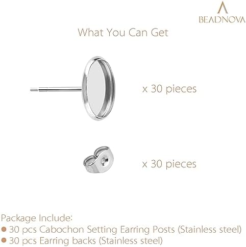 BEADNOVA Stud Earring Kit 30pcs Blank Stud Earring 8mm Stainless Steel Cabochon Setting Ear Post with Stainless Steel Backs for Cabochon Resin DIY Earstud Making (8mm, 30pcs) - Image 3