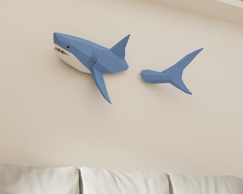 Shark on Wall Paper Sculpture,Left Side,Pre-cut DIY Papercraft Kit,Handmade Wild Animal Figurine,3D Paper Art,Low Poly Wall Decor,All Accessories Included,DIY Teens Gift - Image 2