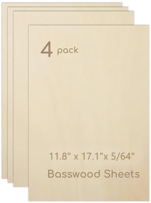 4 Pack Plywood Sheets, 11.8" x 17.1"x 5/64" Basswood Sheets by Hosifiy