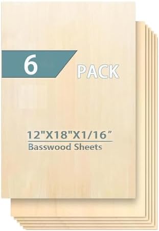 Cassny Unfinished Wood Pieces,6 Pack Basswood Sheets18 x12 x 1/16,Basswood Plywood Wood Sheets for Crafts,Perfect for Painting,Drawing,Laser,Engraving,Burning and CNC Cutting (12x18x1/16) by Unknown