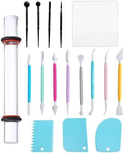 17-Piece Polymer Clay Tools Kit, Acrylic Roller Pin & Clear Square Press Board, Double-Ended Pottery Sculpting Modeling Tools with Scrapers for Beginners DIY Craft by Unknown