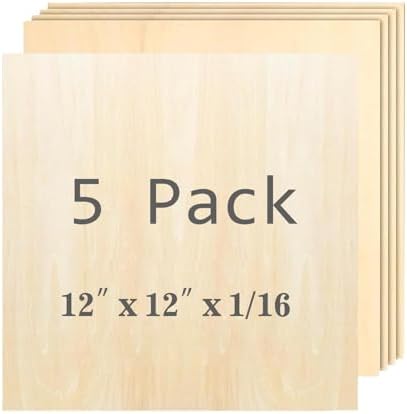 Cassny Unfinished Wood Pieces,5 Pack Basswood Sheets12 x12 x 1/16,Basswood Plywood Wood Sheets for Crafts,Perfect for Painting,Drawing,Laser,Engraving,Burning and CNC Cutting (5pack 12 x12 x 1/16) by Unknown