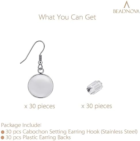 BEADNOVA Earring Kit 30pcs Blank Ear Wire Hook 16mm Stainless Steel Cabochon Setting Earring Bezel with Rubber Backs for Cabochon Resin DIY Earwire Making (16mm, 30pcs) - Image 3