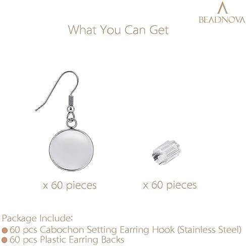 BEADNOVA Cabochon Setting Earring Hook 60pcs Blank Earring Bezel 10mm Stainless Steel Cabochon Setting Ear Wire Hook with Rubber Backs for Resin DIY Earwire Making (10mm, 60pcs) - Image 3