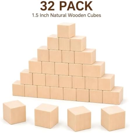 32 Pack Unfinished Wood Blocks 1.5 Inch Solid Wood Cubes for Crafts - Image 2