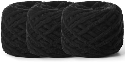 3 Pack Plush Chenille Chunky Yarn 100g (49.2yd) - Fluffy Velvet Yarn Crochet for Blanket Knitting and Crocheting - Baby Yarns for Crocheting Soft - Amigurumi Yarns (Black) by OMoiut