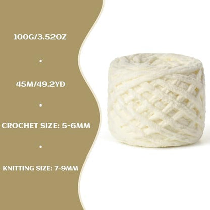 Plush Chenille Chunky Velvet 100g (49.2yd) - Fluffy Crochet Yarn for Blanket Knitting - Soft Baby Yarn - Amigurumi (Milky White) - Image 3
