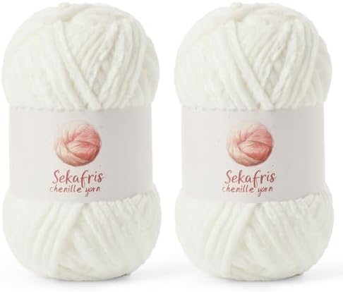 Chenille Yarn for Crocheting Size 5 Bulky Yarn 2 Pack White by Sekafris