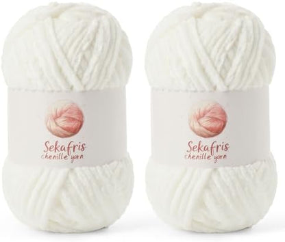 Chenille Yarn for Crocheting Size 5 Bulky Yarn 2 Pack White by Sekafris