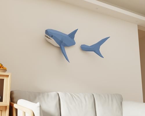 Shark on Wall Paper Sculpture,Left Side,Pre-cut DIY Papercraft Kit,Handmade Wild Animal Figurine,3D Paper Art,Low Poly Wall Decor,All Accessories Included,DIY Teens Gift - Image 3
