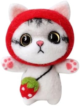 Healifty Needle Felt Kit for Cartoon Cat Ornament Strawberry Kitty DIY Wool Felting Supplies with Punch Needle Lanyard Doll Eyes and Manual for Kids and Adults 2.95 X 1.37 X 2.16 in by Healifty