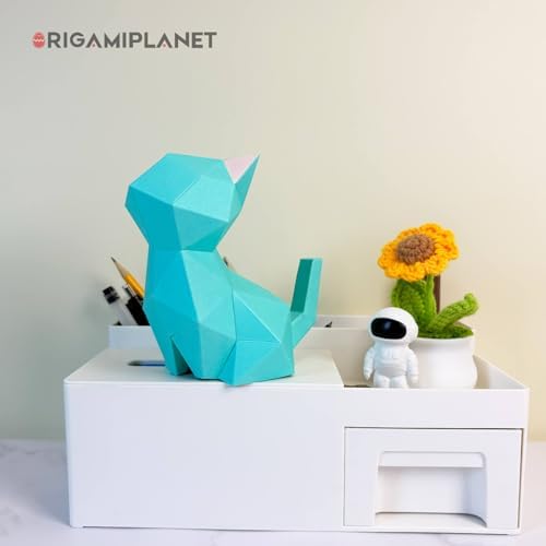 3D Origami Paper Craft Kit, Moonlit Kitten Cute DIY Pre-Cut Animal Papercraft Model for Beginners, Fun Handmade Home Decoration Gift for Adults & Teens-Green - Image 2