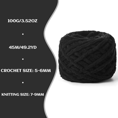 Plush Chenille Chunky Yarn 100g (49.2yd) - Fluffy Velvet Yarn Crochet for Blanket Knitting and Crocheting - Baby Yarns for Crocheting Soft - Amigurumi Yarns (Black) - Image 3