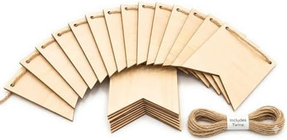 Oojami 50-Pack Unfinished Wood Banner Flags with Twine – Natural Wooden Pennant Ornaments for Crafts, Painting, Wood Burning, and Laser Engraving – Custom Blank Garland Kit for Party & Event Decor by Oojami