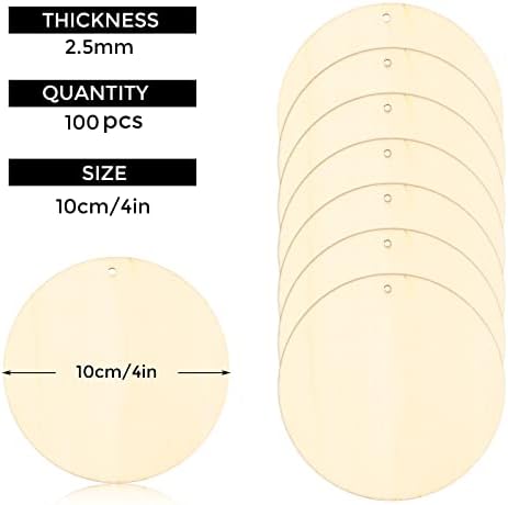 FSWCCK 100 PCS 4 Inch Wood Circles for Crafts – Round Blank Discs with Holes, Unfinished Wooden Cutouts for DIY, Painting, Staining, Coasters,Laser Engraving Sign Blanks, Ornament (4inch-100 Pack) - Image 2