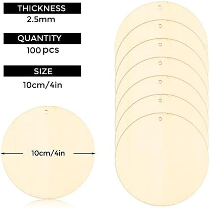 FSWCCK 100 PCS 4 Inch Wood Circles for Crafts – Round Blank Discs with Holes, Unfinished Wooden Cutouts for DIY, Painting, Staining, Coasters,Laser Engraving Sign Blanks, Ornament (4inch-100 Pack) - Image 2