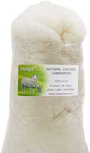 iMongol Carded Lambs Wool Stuffing Batting for Needle Felting, Knitted Crafts, Bright Creations, Pillow Filler, Stuffed Animals, Cushions,Super Clean Fine, Natural White(8oz, Combed Wool) by iMongol