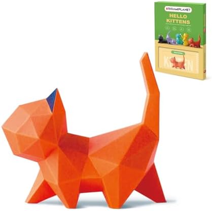 ORIGAMIPLANET 3D Origami Paper Craft Kit, Walk Kitten Cute DIY Pre-Cut Animal Papercraft Model for Beginners, Fun Handmade Home Decoration Gift for Adults & Teens-Orange by Unknown