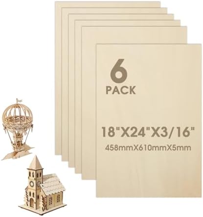 6 Pack Basswood Sheets 18"×24"×3/16" Unfinished Plywood Sheet by Unknown