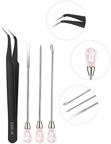 11 Pcs Resin Spoon Tools Kit-Metal Stir Sticks Resin Spoons Poke Needle with Anti-Static Stainless Steel Precision Tweezers Set for Resin Crafts,Jewelry Making,DIY Epoxy Silicone Resin Molds(Pink) - Image 3