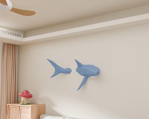 Shark on Wall Paper Sculpture,Right Side,Pre-Cut DIY Papercraft Kit,Handmade Wild Animal Figurine,3D Paper Art,Low Poly Wall Decor,All Accessories Included,DIY Teens Gift - Image 2