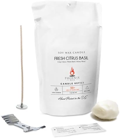 Phoenix Wick Candle Making Kit – Transform Anything Into A Candle – Candle Making Kit with Wick + 7oz Wax (Fresh Citrus Basil Scent) by PhoenixWick