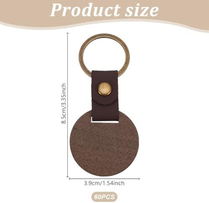 60 PCS Leather Wooden Round Keychain Blanks Engraving Blanks Keychain Unfinished Wood Keychains Vintage Black Walnut Wood Keychain Blanks for DIY Gifts Engrave Crafts - Image 2