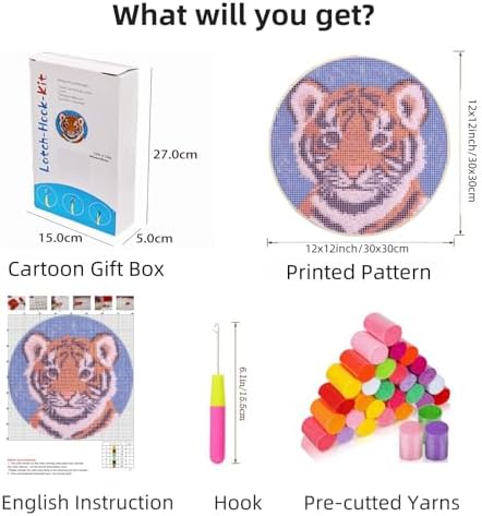 Latch Hook Rug Kit A Cartoon Baby Orange Tiger Portrait Easy for Beginners Round Carpet Crochet Yarn Craft Mini Rug DIY Hook and Latch Tapestry for Home Decor 30x30cm(2) - Image 2